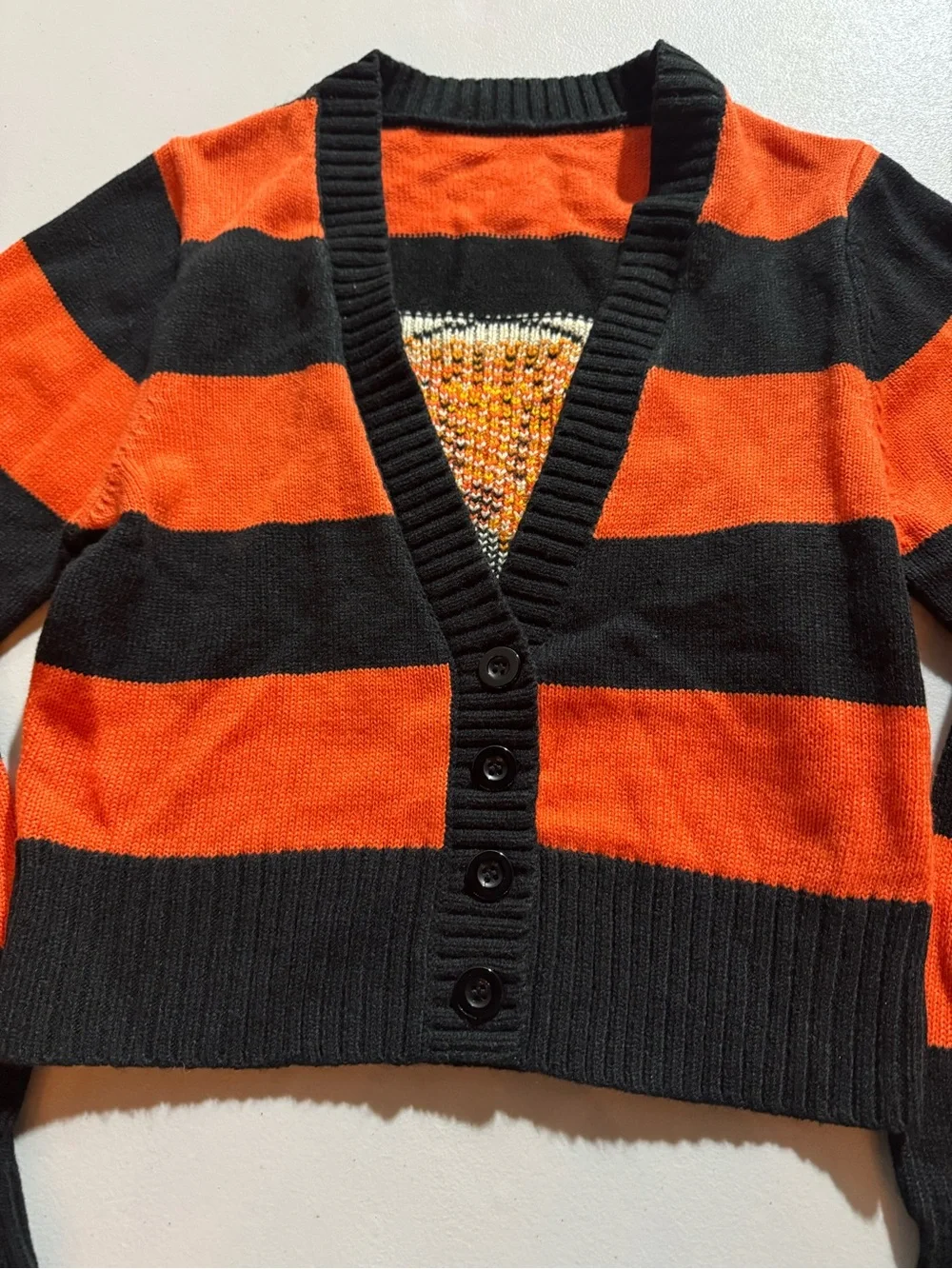 Orange/Black Striped Knit V-Neck Button-Front Embroidered Cat Cardigan S